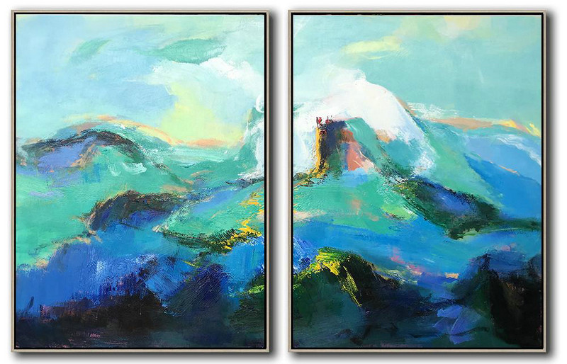 Hand Painted Extra Large Abstract Painting,Set Of 2 Abstract Landscape Painting On Canvas,Contemporary Art Canvas Painting,Green,Blue,Black,White.etc
